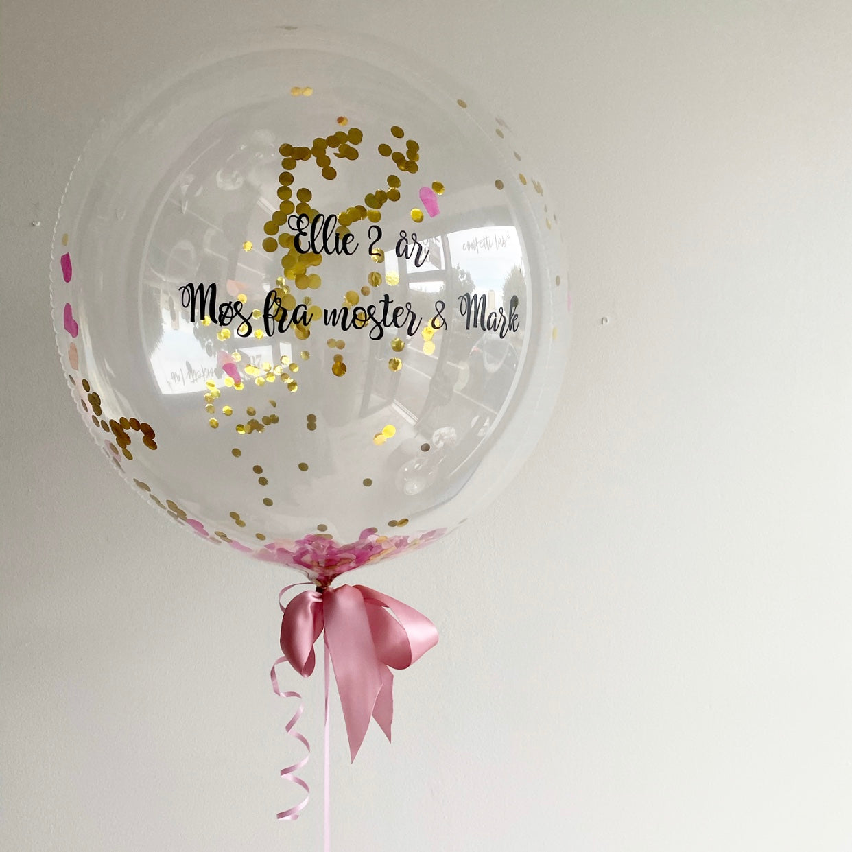 Ballonpost - Confetti Bubble ballon m. tekst, confetti & glitter